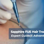 Sapphire FUE Hair Transplant tool holding FUE Sapphire at the tip.