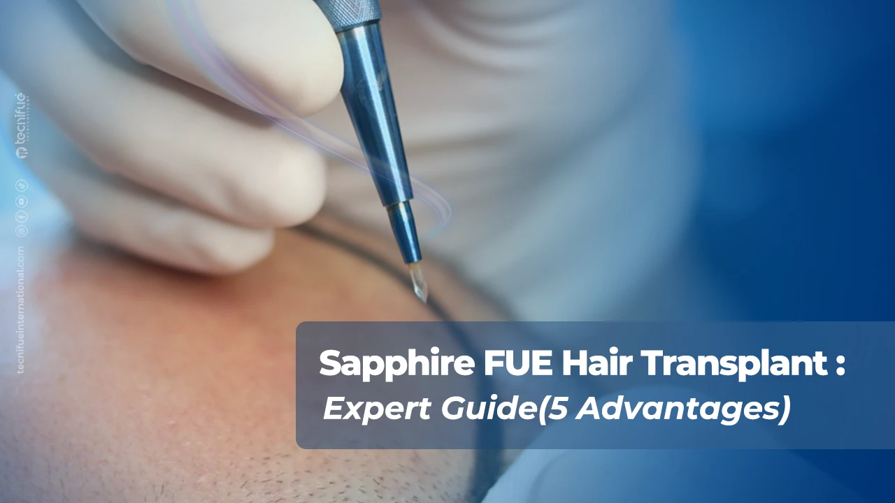 Sapphire FUE Hair Transplant tool holding FUE Sapphire at the tip.