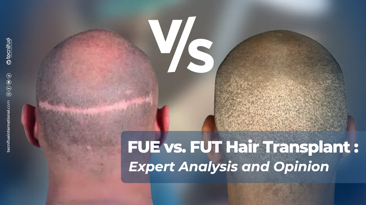 FUE vs. FUT Hair Transplant: Image showing the FUT Scar and FUE scars