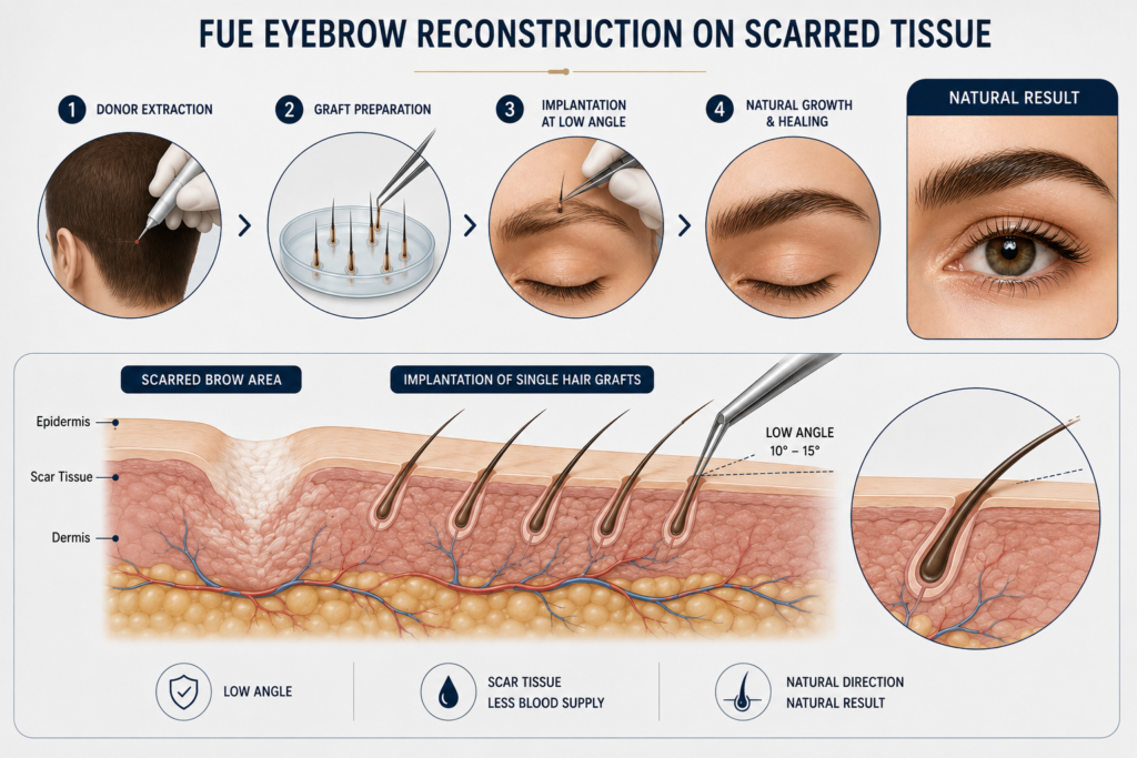 FUE eyebrow reconstruction on scar tissue