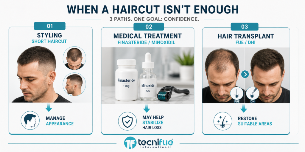hair loss options haircut medication and hair transplant