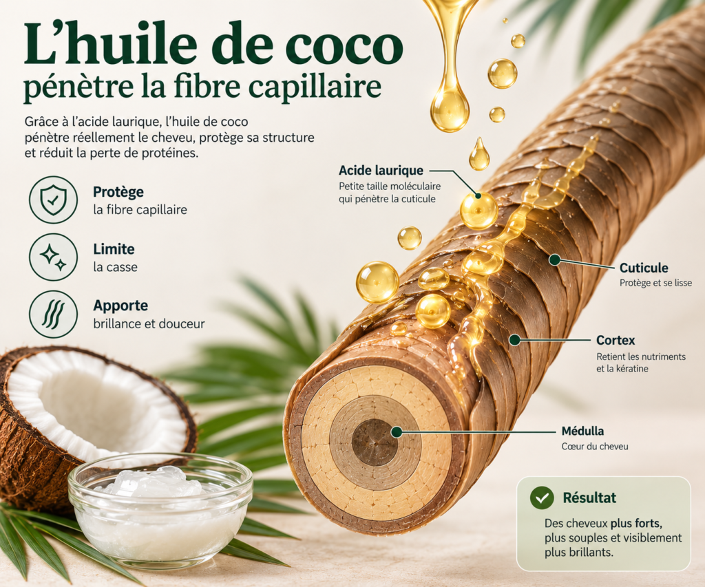 Comment l’huile de coco pénètre la fibre capillaire