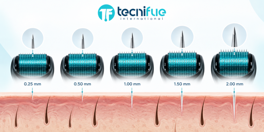 Comparison of 0.25 mm, 0.5 mm and 1.5 mm derma roller needle sizes