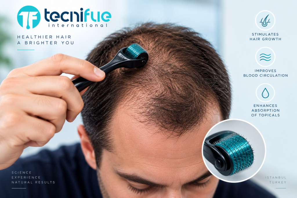 Derma roller microneedling treatment on the scalp for androgenetic alopecia