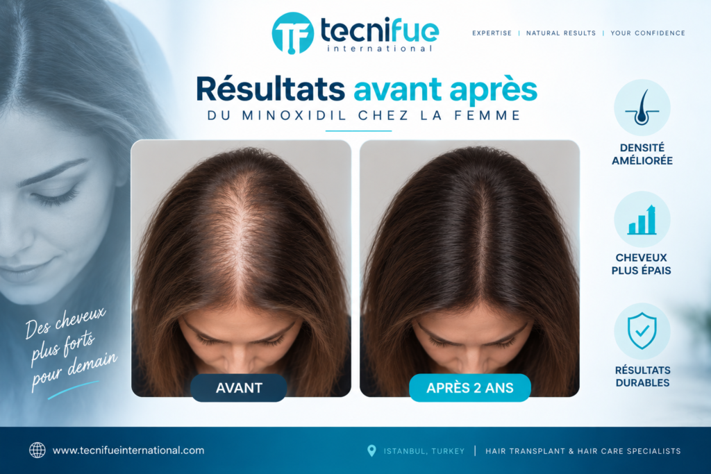 Résultats avant après du minoxidil chez la femme